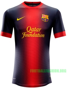 Barcelona's Nike-made home kit for 2012/13 made use of a smooth  gradient to transition in the red and blue colours of Barca. PHOTO: Football Fashion.
