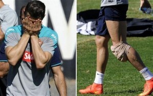 Cristiano Ronaldo's knee tendonitis ends his training session with Portugal before the 2014 World Cup. PHOTO: AFP / AP